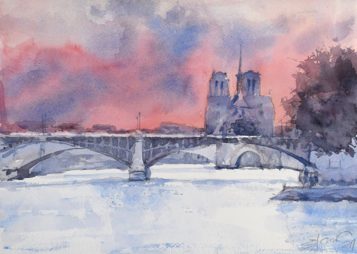 Impressionistic Cityscapes Watercolour By Goran Zigolic Watercolors, 15 X 11, Notre Dame At Sunset, Original Artwork