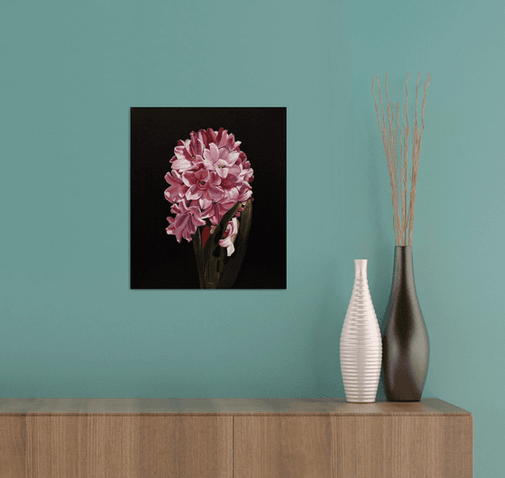 THE FIRST HYACINTH - acrylic painting, stylish fashionable black background..