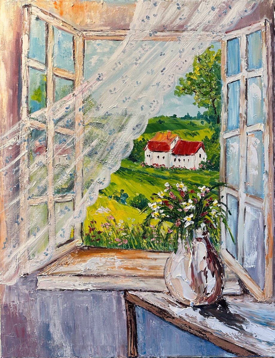 Impressionistic Botanical Oil Painting By Oksana Fedorova, 28 X 35", Open Window With Flowers, Original Artwork