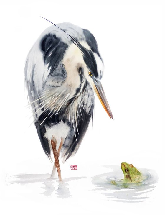 You're... Immortal? - Grey heron & brave frog - Great Blue Heron - bird painting -  heron - frog