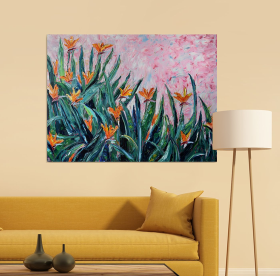 Big original oil painting Flowers Bird of paradise