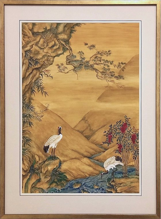Cranes Beside a Meandering Stream With Heavenly Bamboo