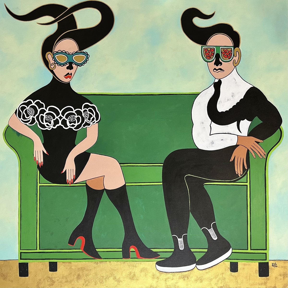 Surrealistic Portrait Acrylic Painting By Diana Rosa, 48 X 48, Green Living, Original Artwork