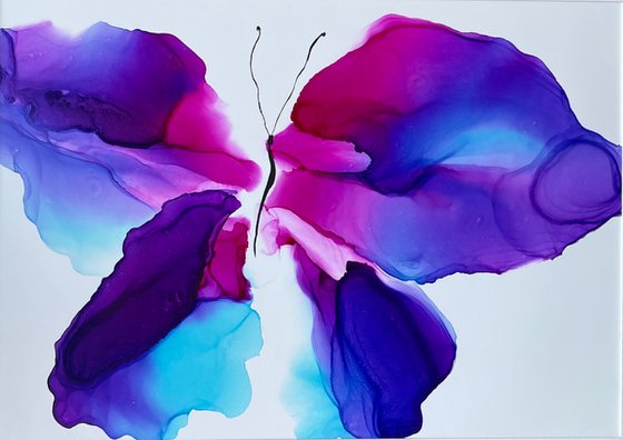 BLUE PINK BUTTERFLY - alcohol ink , plastic paper