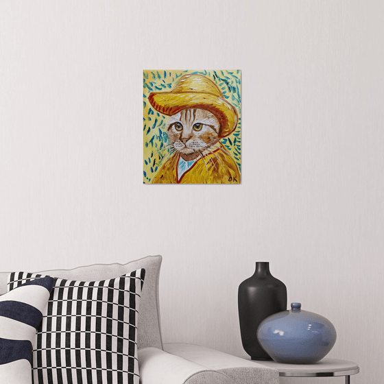 Cat in a straw hat with green eyes La Vincent Van Gogh