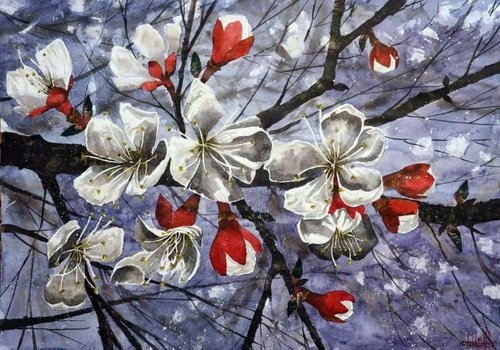 "Apricot blossoms. Evening" 2021 Watercolor on paper 60х84 by Eugene Gorbachenko