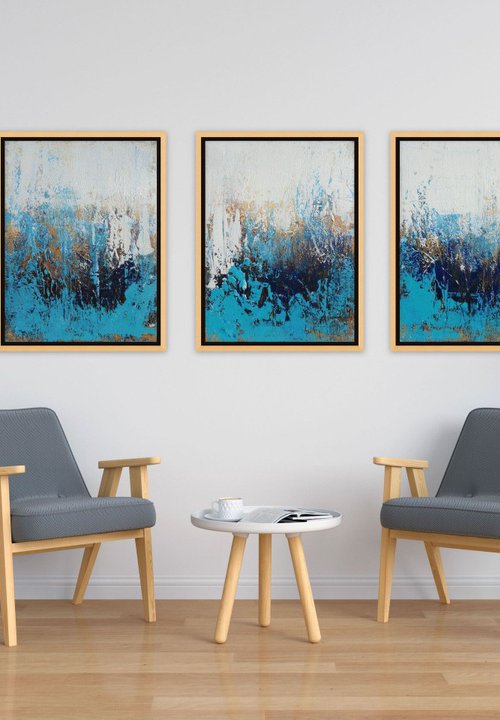 Large Abstract Painting. Modern White, Blue and Gold Textured Art. Painting with Structures. Triptych by Sveta Osborne