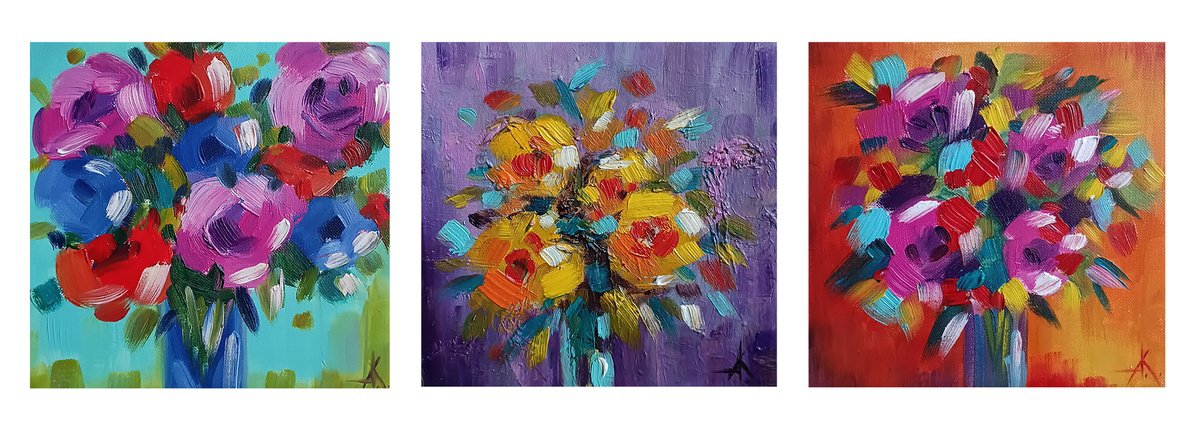 Impressionistic Botanical Oil Painting By Anastasia Kozorez, 18 X 6, Triptych Bouquets, Original Artwork