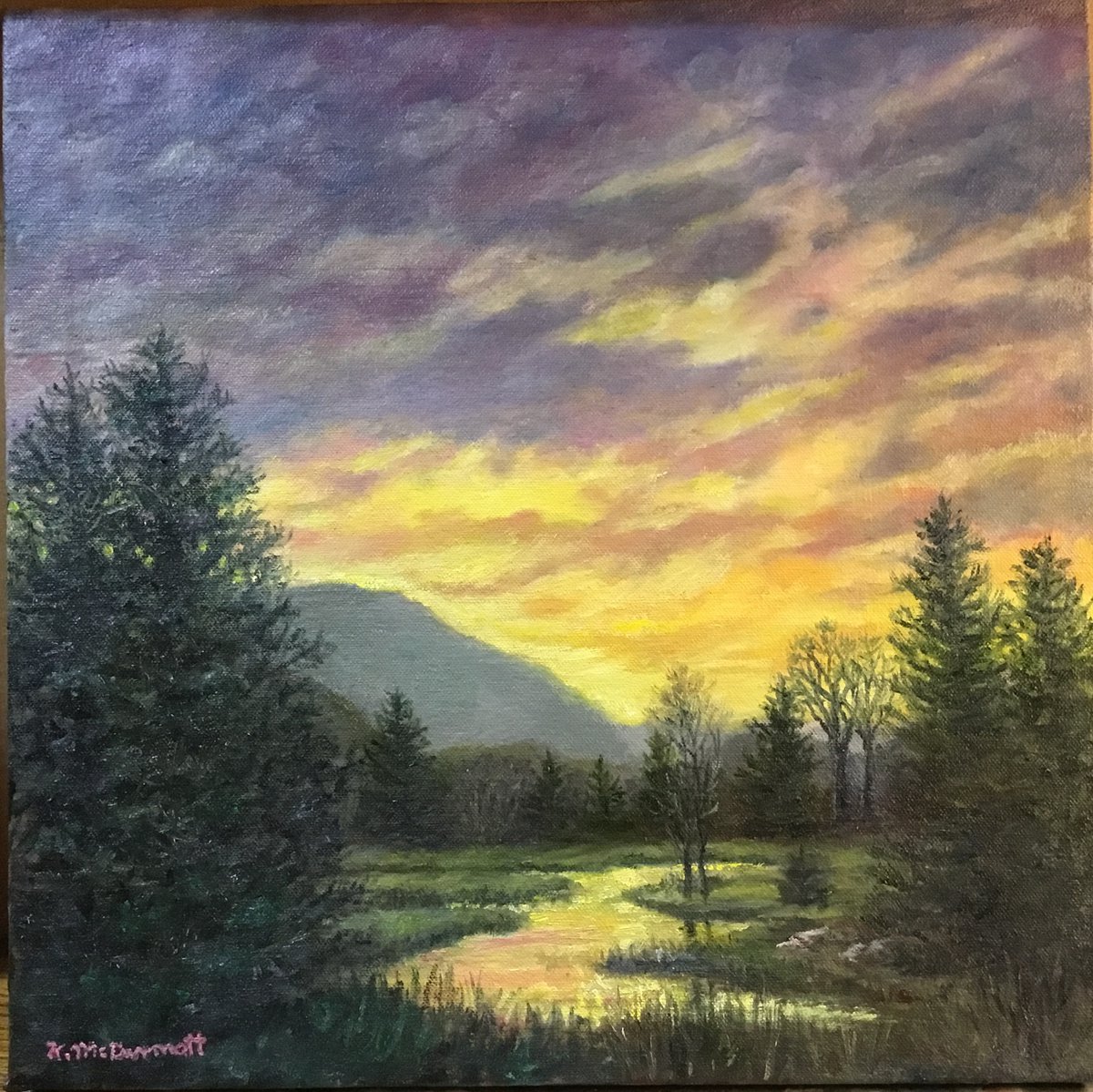 Impressionistic Landscape Oil Painting By Kathleen Mcdermott, 15 X 15", Night Mood # 4, Original Artwork