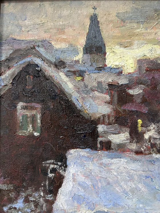 Original Oil Painting Wall Art Signed unframed Hand Made Jixiang Dong Canvas 25cm × 20cm Landscape Snowy Night in Reykjavik Iceland Small Impressionism Impasto