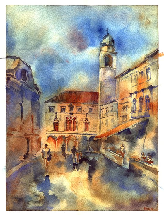 "Impressionistic street in bright colors" architectural artwork in watercolor