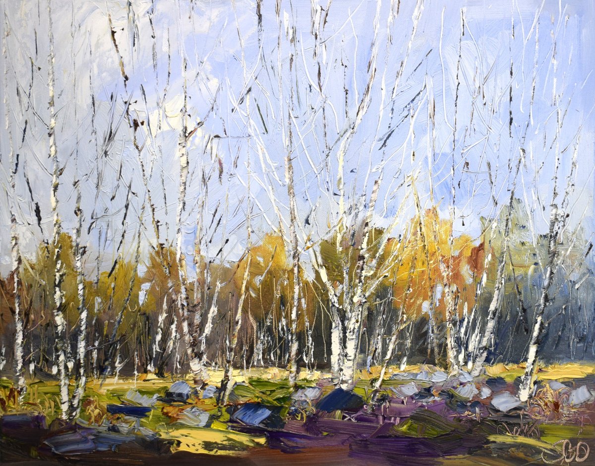 Impressionistic Landscape Oil Painting By Sonja Brussen, 20 X 17", Birch Dance, Original Artwork