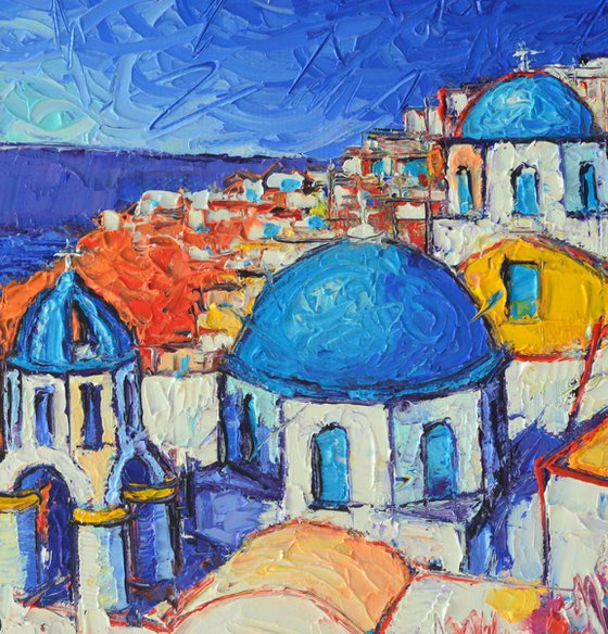 BLUE DOMES IN OIA SANTORINI GREECE original modern impressionist abstract cityscape textural impasto palette knife oil painting