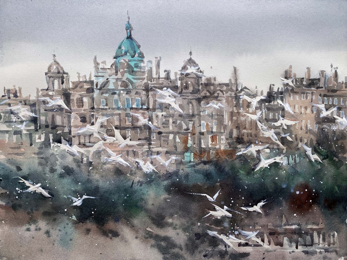Impressionistic Cityscapes Watercolour By Galina Poloz, 16 X 12, Birds Of Edinburgh 2., Original Artwork