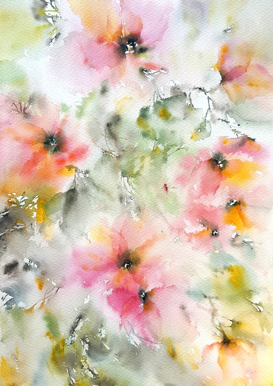 Abstract watercolor floral painting "Flower fantasies"