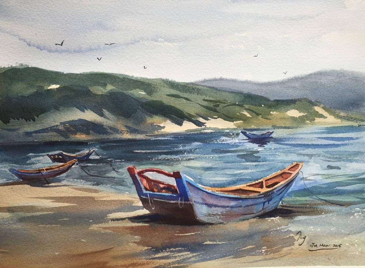 Impressionistic Landscape Watercolour By Jing Chen, 15 X 11, Boats, Original Artwork