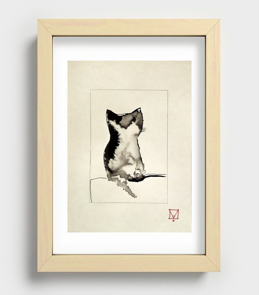 Graphic Animal Ink Drawing By Marya, 5 X 7", "Cat", Original Artwork