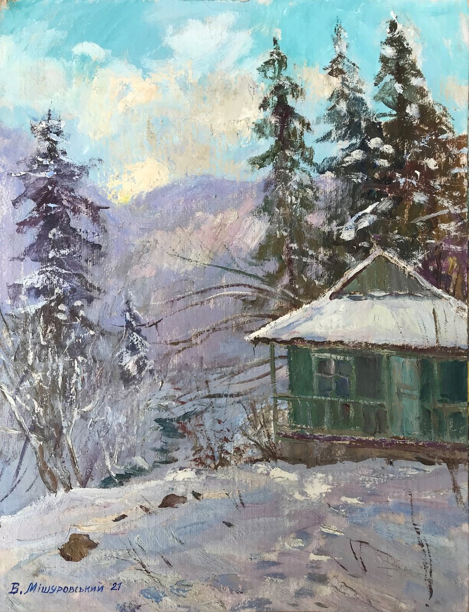 Impressionistic Landscape Oil Painting By Viktor Mishurovskiy, 15 X 20", Winter In Yaremche, Original Artwork