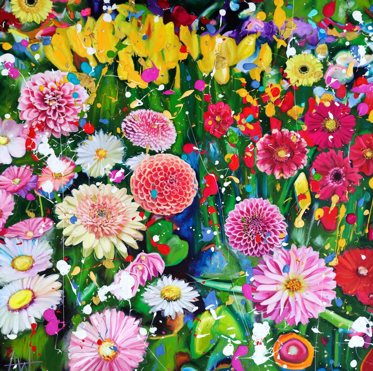 Abstract Botanical Oil Painting By Angie Wright, 47 X 47, Floral Pop!, Original Artwork