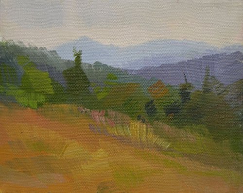 Landscape painting titled "Mountains smoking" by Yuri Pysar