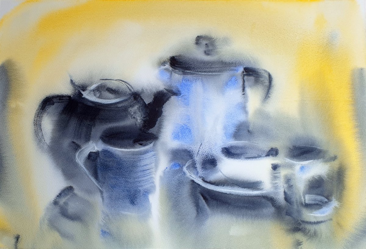 Abstract Still Life Watercolour By Elena Genkin, 20 X 14, Looking Forward To Sunday Breakfast. Tea Or Coffee?, Original Artwork