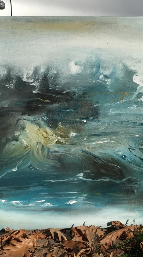 Landscape abstract, blue, yellow, green, white, turkois by Tiny de Bruin