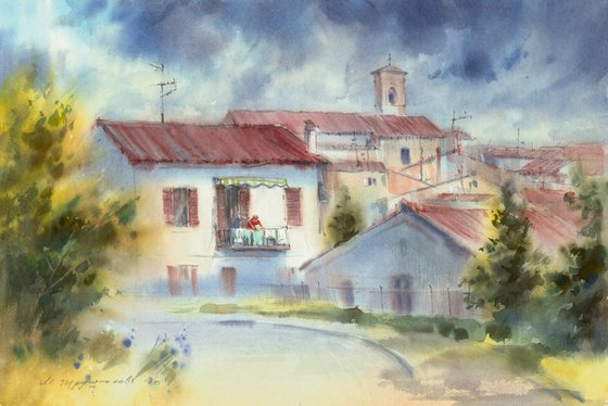 Fabriano. Before it started to rain. Watercolour by Marina Trushnikova. Cityscape. Architectural scenery