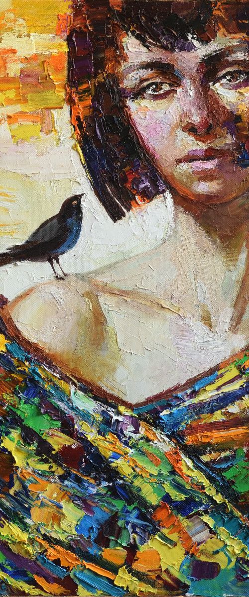 Girl with birds portrait painting, Original oil painting by Anastasiia Valiulina