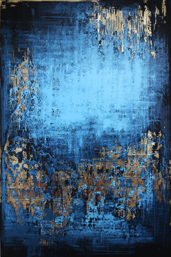 MIDSUMMER NIGHT - 120 x 80 CM - TEXTURED ACRYLIC PAINTING ON CANVAS * GOLD BLUE