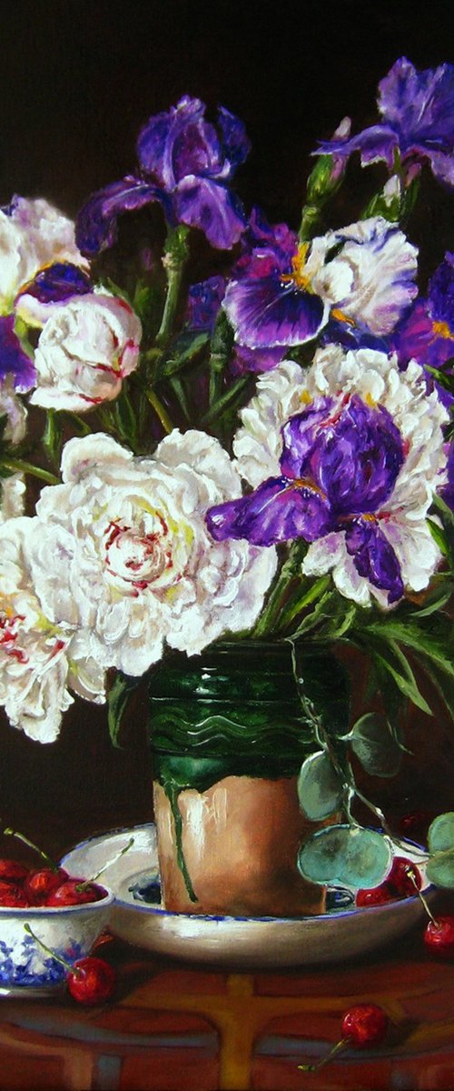Peonies and Irises in Vase by Natalia Shaykina