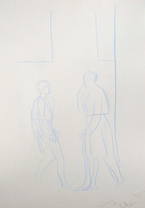 City drawing - PASSERS-BY, ink and pencil on paper 29x42 cm by Frederic Belaubre