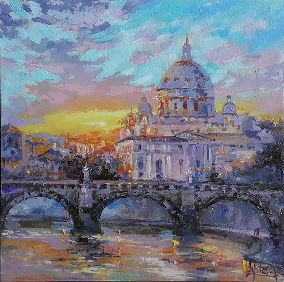 Painting Eternal City - Rome,  italy cityscape, Vatican, St. Angel's Bridge