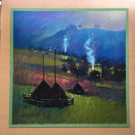 Ukrainian landscape Haystacks in Carpathian Mountains Soft pastel 19.6x19.6 inch (50x50 cm)