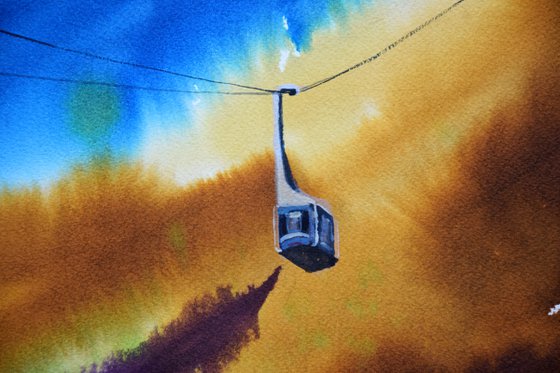 Mountain cable car watercolor painting, volcano landscape original artwork