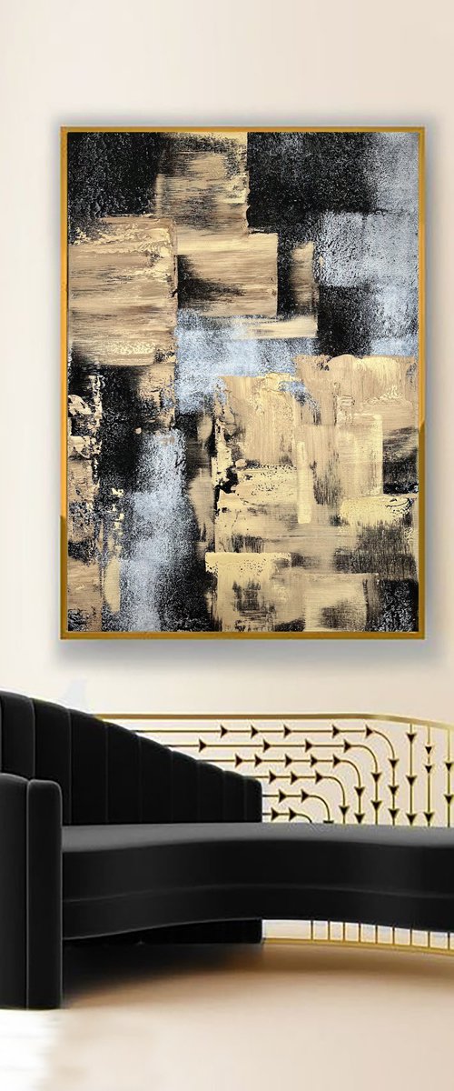 Black Gold Gray Abstract on canvas. by Marina Skromova