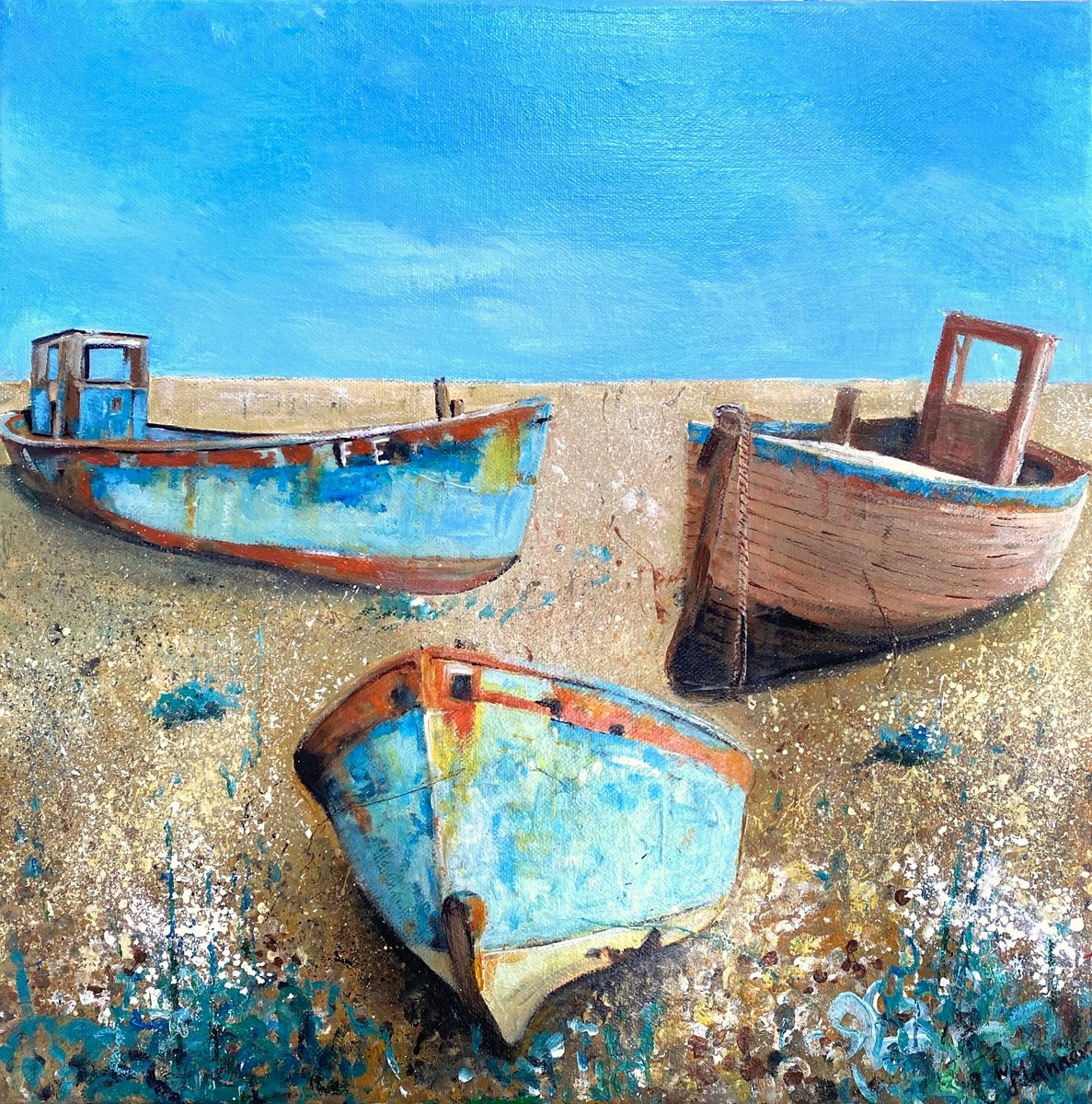 Impressionistic Landscape Painting By Teresa Tanner, 16 X 16", Three Boats On The Beach, Original Artwork