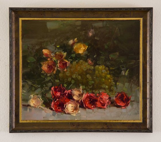 Roses  Original oil painting  Handmade artwork Framed Ready to Hang One of a kind