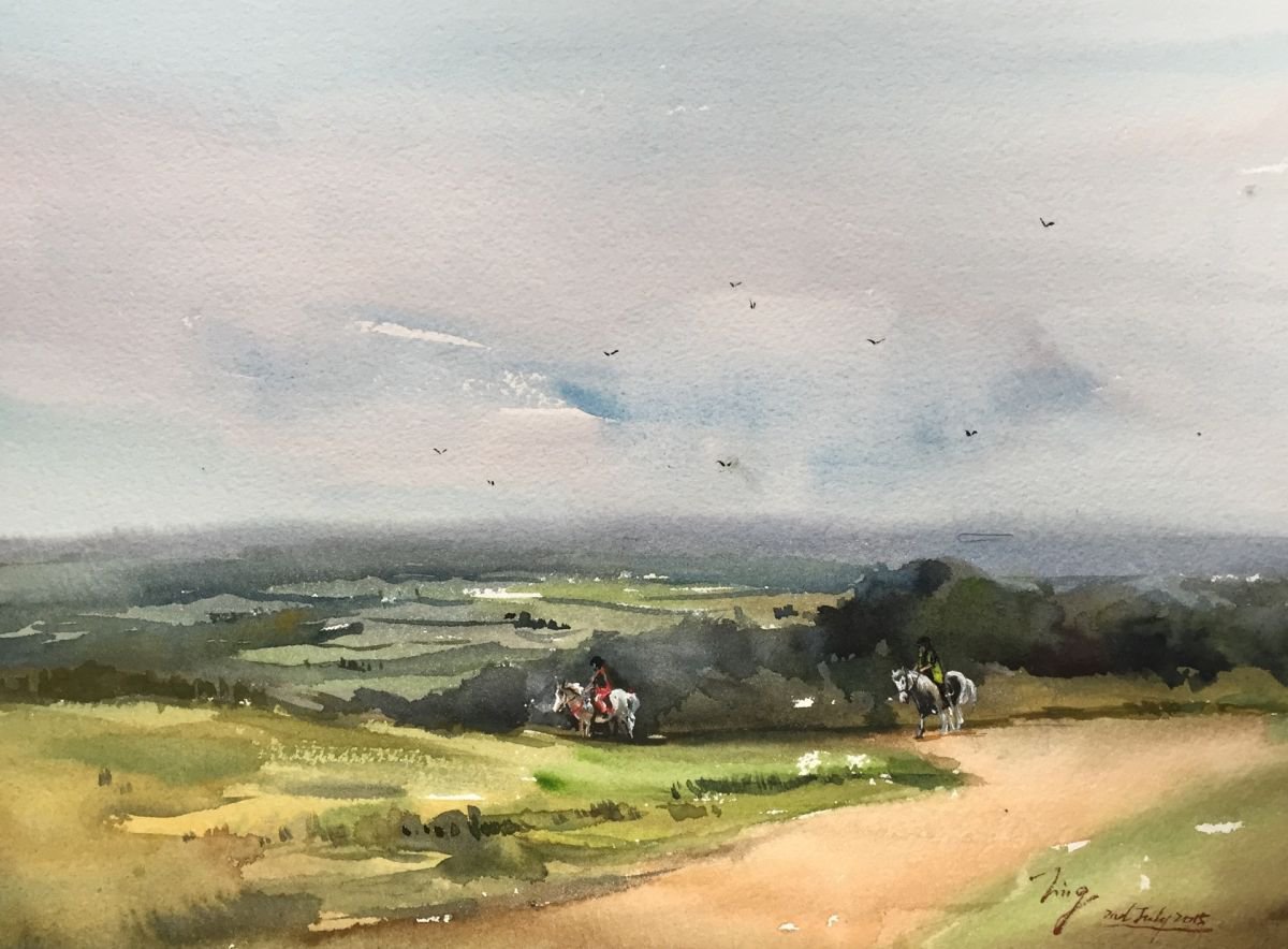 Impressionistic Landscape Watercolour By Jing Chen, 15 X 11, Distant Riders, Original Artwork