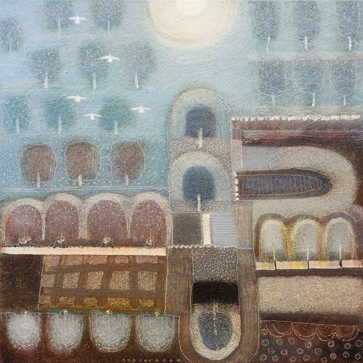 Landscape Oil Painting By Rob Van Hoek, 21 X 21", In The Orchard, Original Artwork