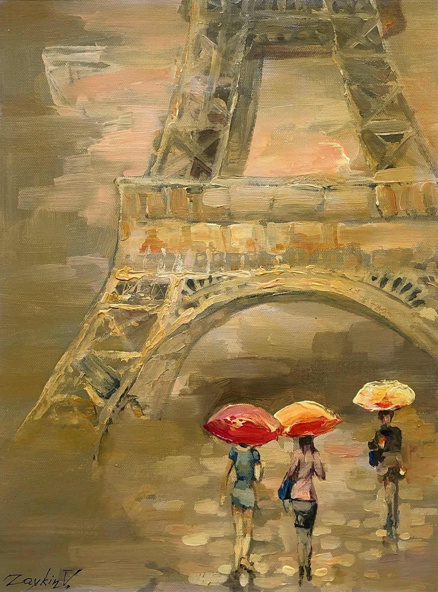 Impressionistic Cityscapes Oil Painting By Viacheslav Zaykin, 11 X 16", Paris, Summer Rain., Original Artwork