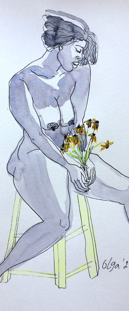 Female nude drawing - Seated nude woman with flowers - Original sensual watercolor - Figure study mixed media (2021) by Olga Ivanova