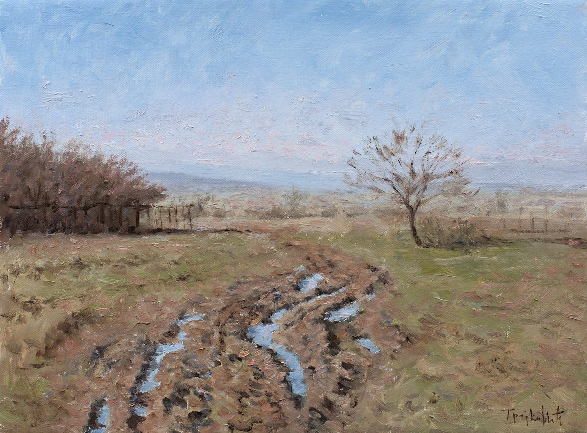 Impressionistic Landscape Oil Painting By Dejan Trajkovic, 16 X 12, Muddy Road, Original Artwork