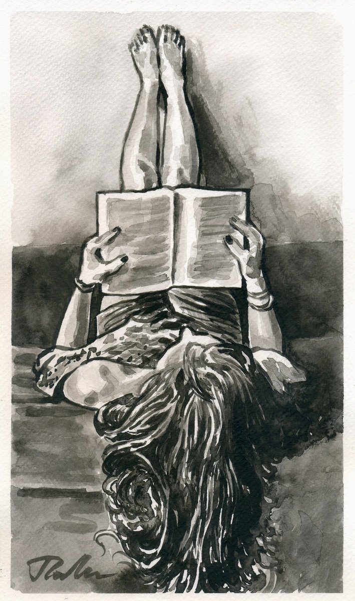 Urban And Pop Portrait Ink Drawing By Tashe, 7 X 12", Booklover, Home, Original Artwork