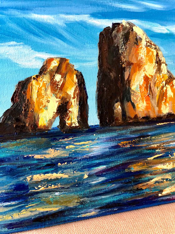 FARAGLIONI ROCKS ON THE HORIZON, Rocky Italian Seascape, Original Textured Impressionist Painting of the Isle of Capri