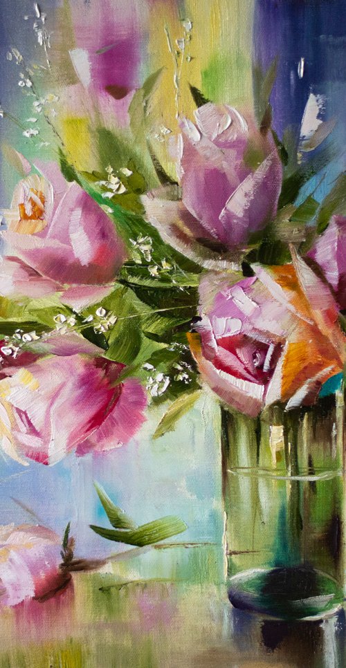 Bright Roses. oil painting, bouquet of roses by Tetiana Tiplova