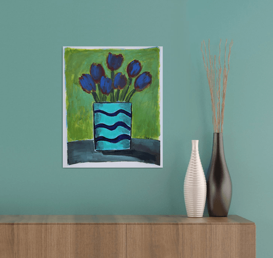 Vase With Blue Tulips