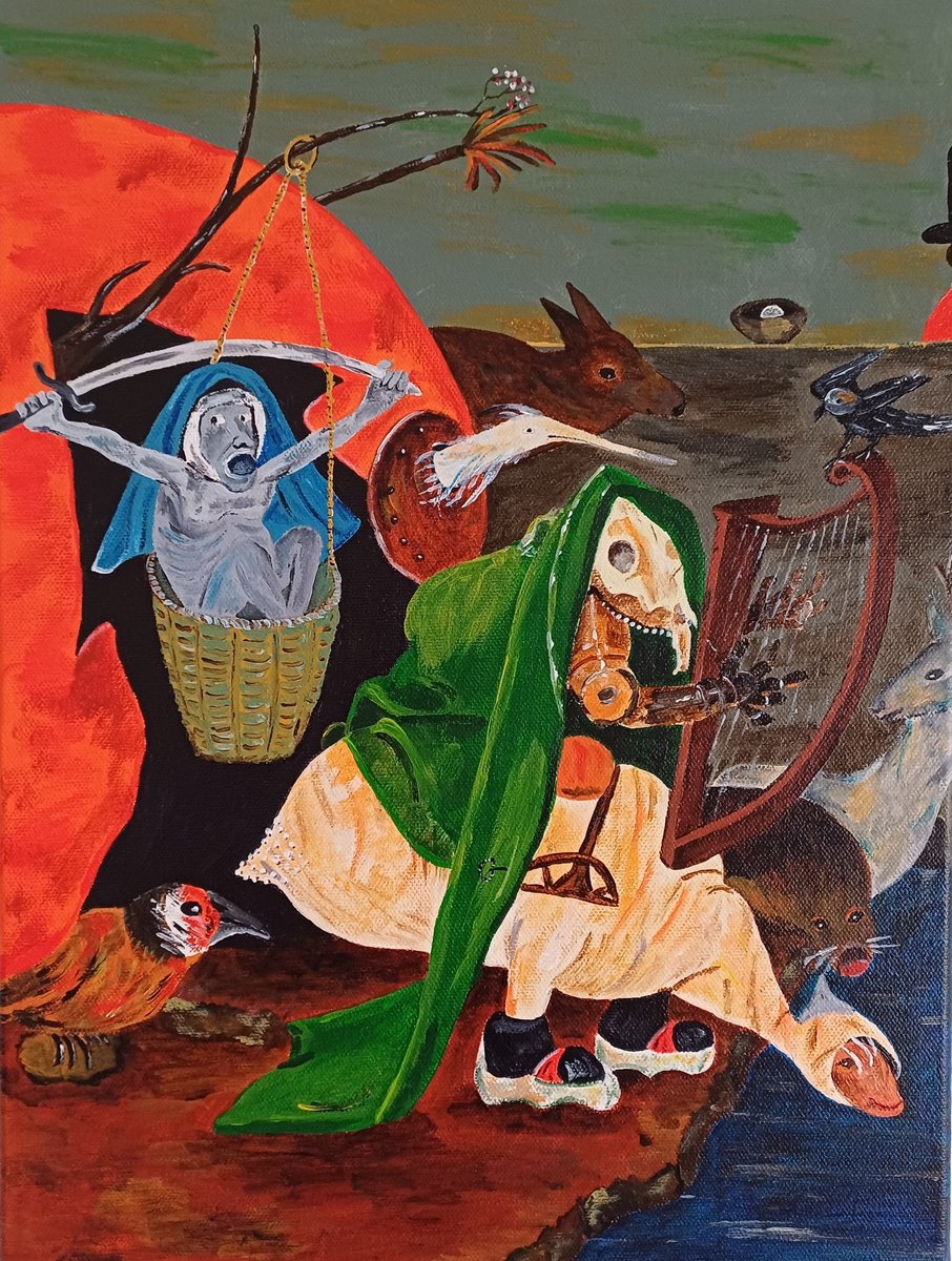 Impressionistic Animal Acrylic Painting By Corinne Hamer, 12 X 16, The Demon Lute Player, Original Artwork