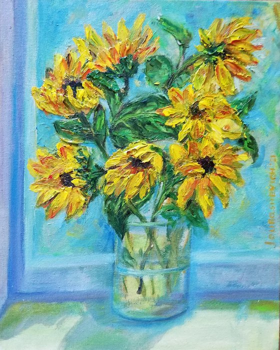 "Sunflowers in the Window" Original Oil Painting 10x12" (24x30cm)