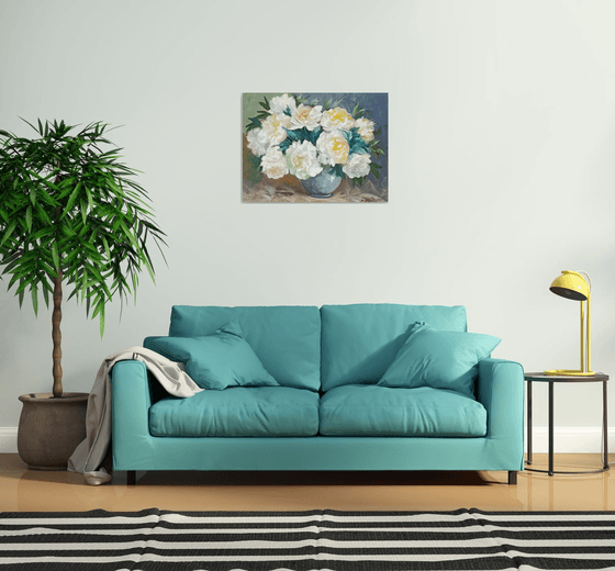 White peonies (60x80cm, oil painting, palette knife)