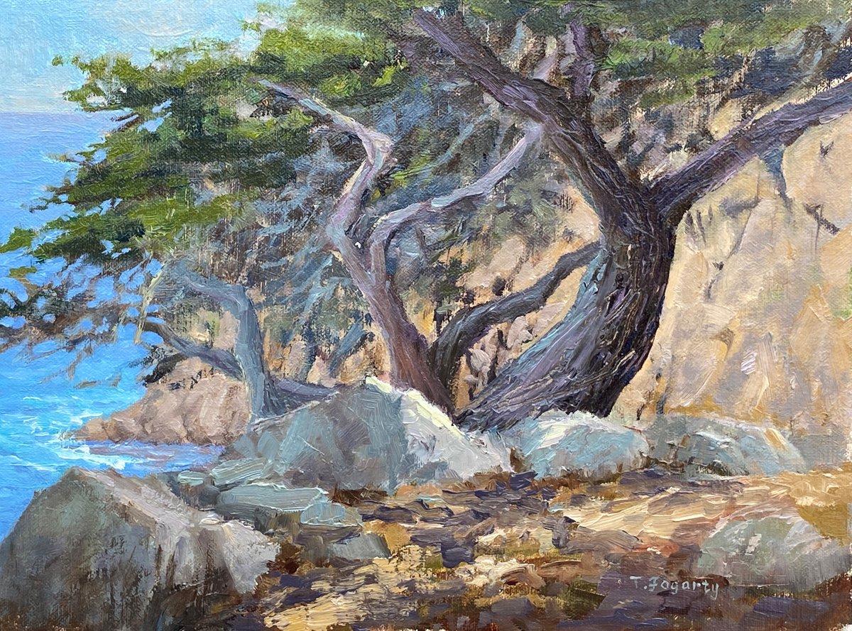 Impressionistic Landscape Oil Painting By Tatyana Fogarty, 12 X 9", Windblown Cypress, Original Artwork